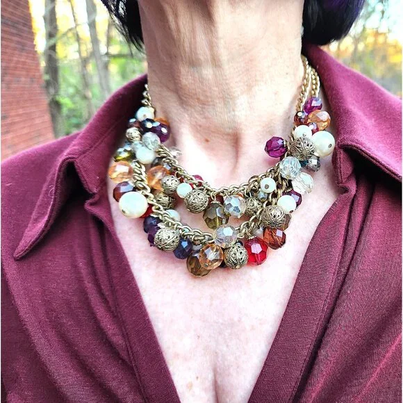 Cluster Necklace in Multi Color Beads -2 Strand Chunky Gold-Tone -18in - Picture 6 of 7